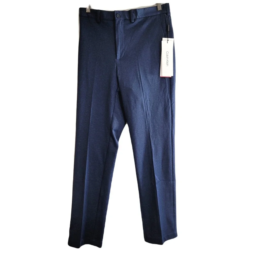 Calvin Klein Slim Fit Knit Dress Pants 30x32 Navy Blue Flat Front‎ $135 NEW